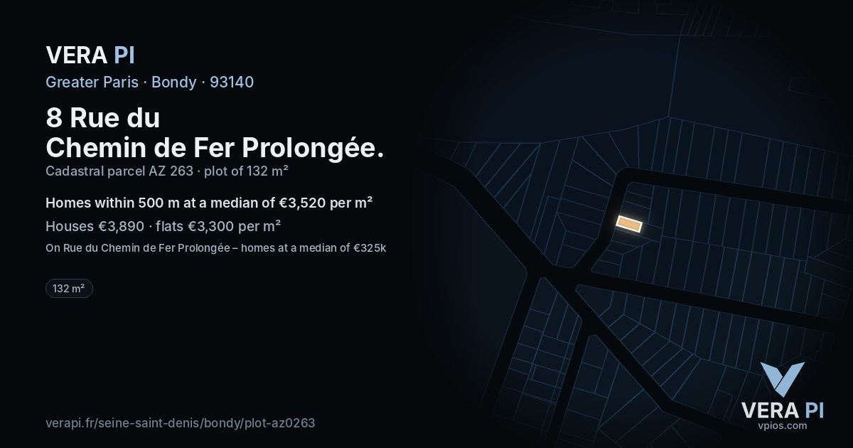 8 Rue du Chemin de Fer Prolongée, Bondy at night – the plot lit, the parcels around coloured by the prices near them