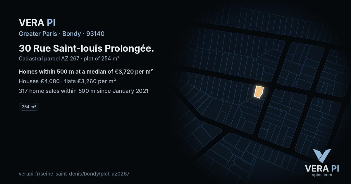 30 Rue Saint-louis Prolongée, Bondy at night – the plot lit, the parcels around coloured by the prices near them