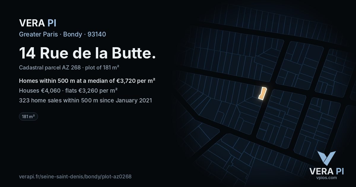 14 Rue de la Butte, Bondy at night – the plot lit, the parcels around coloured by the prices near them