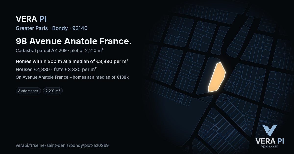 98 Avenue Anatole France, Bondy at night – the plot lit, the parcels around coloured by the prices near them