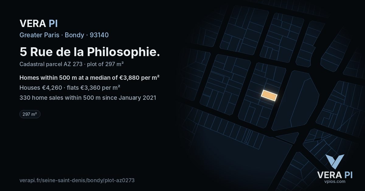 5 Rue de la Philosophie, Bondy at night – the plot lit, the parcels around coloured by the prices near them