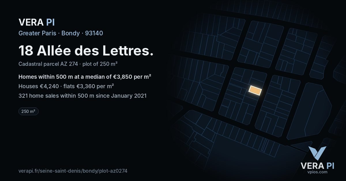 18 Allée des Lettres, Bondy at night – the plot lit, the parcels around coloured by the prices near them