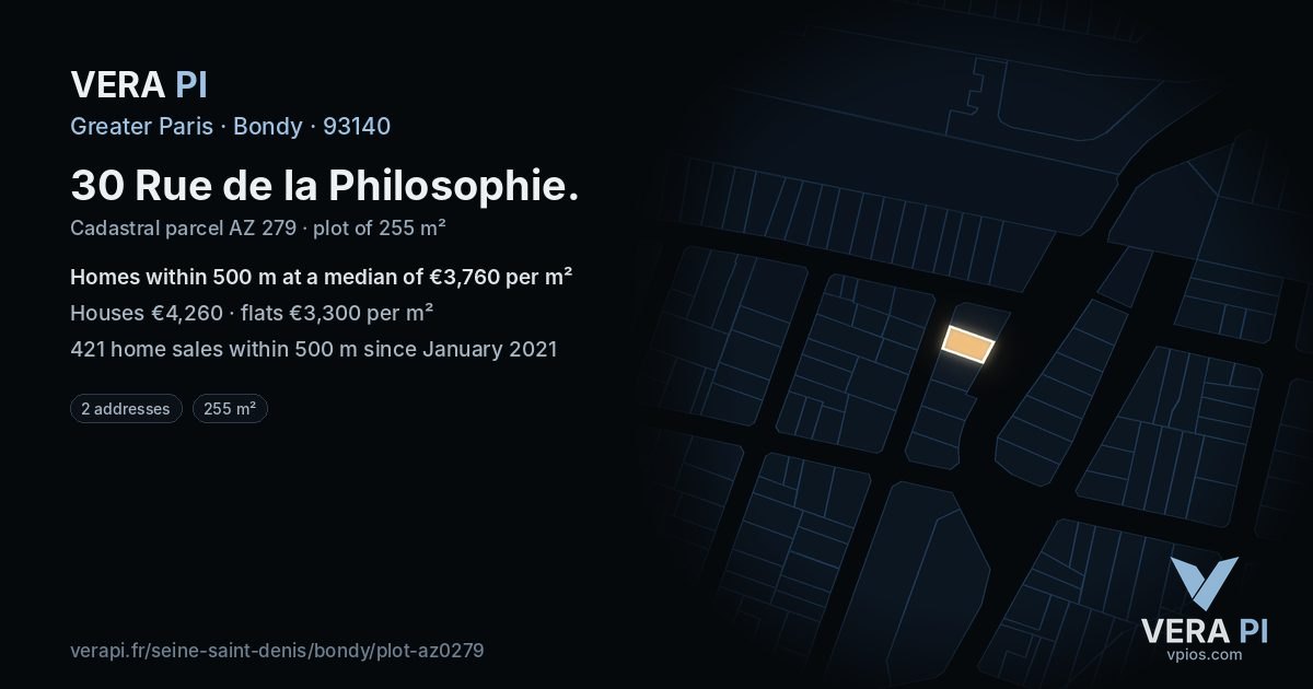 30 Rue de la Philosophie, Bondy at night – the plot lit, the parcels around coloured by the prices near them