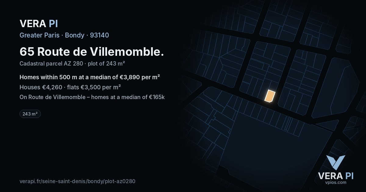 65 Route de Villemomble, Bondy at night – the plot lit, the parcels around coloured by the prices near them