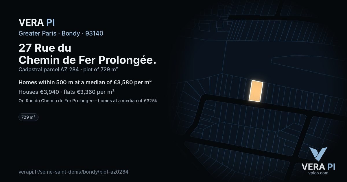 27 Rue du Chemin de Fer Prolongée, Bondy at night – the plot lit, the parcels around coloured by the prices near them