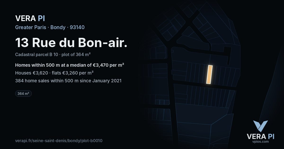 13 Rue du Bon-air, Bondy at night – the plot lit, the parcels around coloured by the prices near them