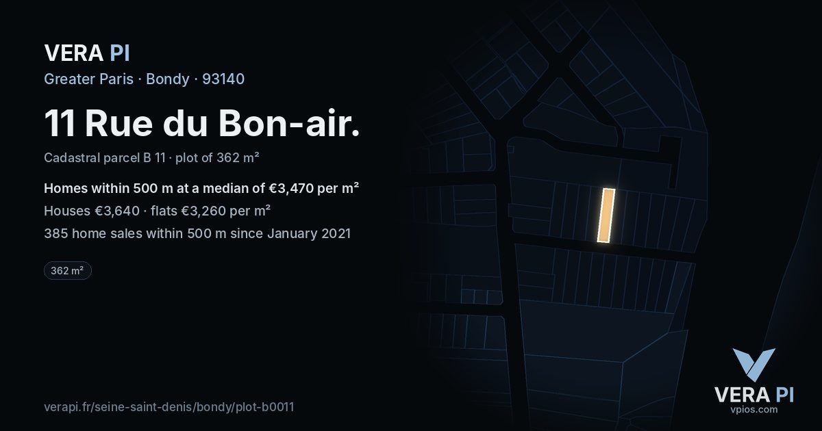 11 Rue du Bon-air, Bondy at night – the plot lit, the parcels around coloured by the prices near them