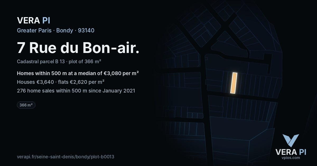 7 Rue du Bon-air, Bondy at night – the plot lit, the parcels around coloured by the prices near them