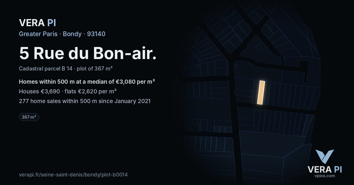 5 Rue du Bon-air, Bondy at night – the plot lit, the parcels around coloured by the prices near them