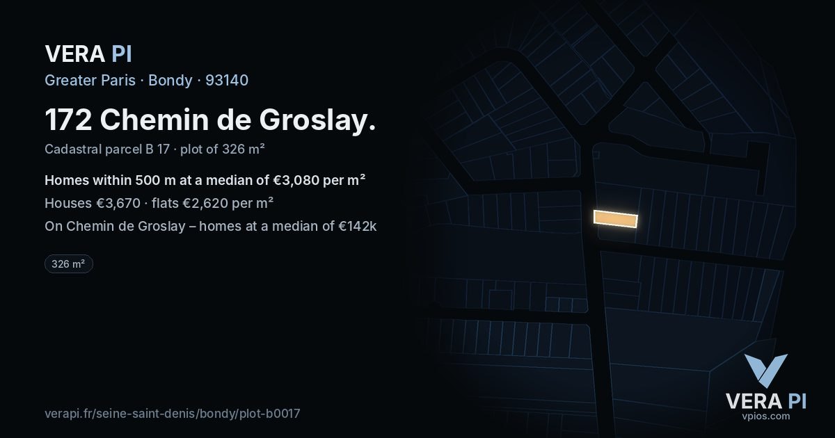172 Chemin de Groslay, Bondy at night – the plot lit, the parcels around coloured by the prices near them