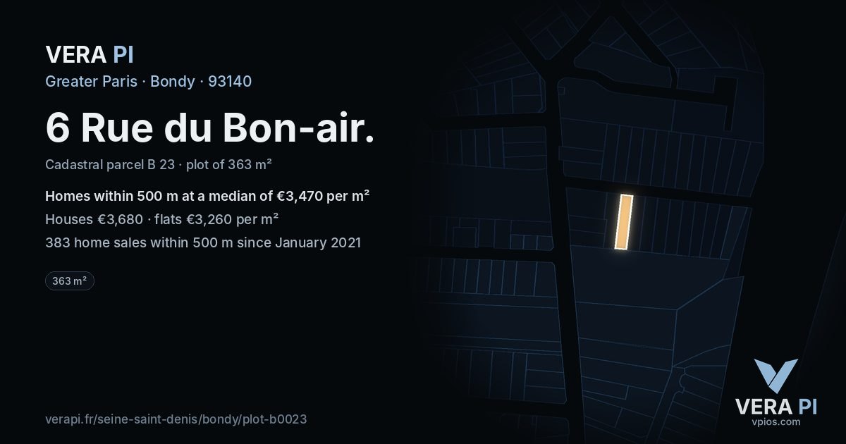 6 Rue du Bon-air, Bondy at night – the plot lit, the parcels around coloured by the prices near them