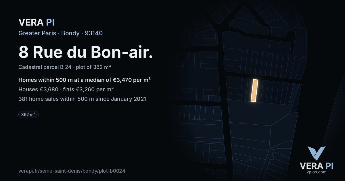 8 Rue du Bon-air, Bondy at night – the plot lit, the parcels around coloured by the prices near them