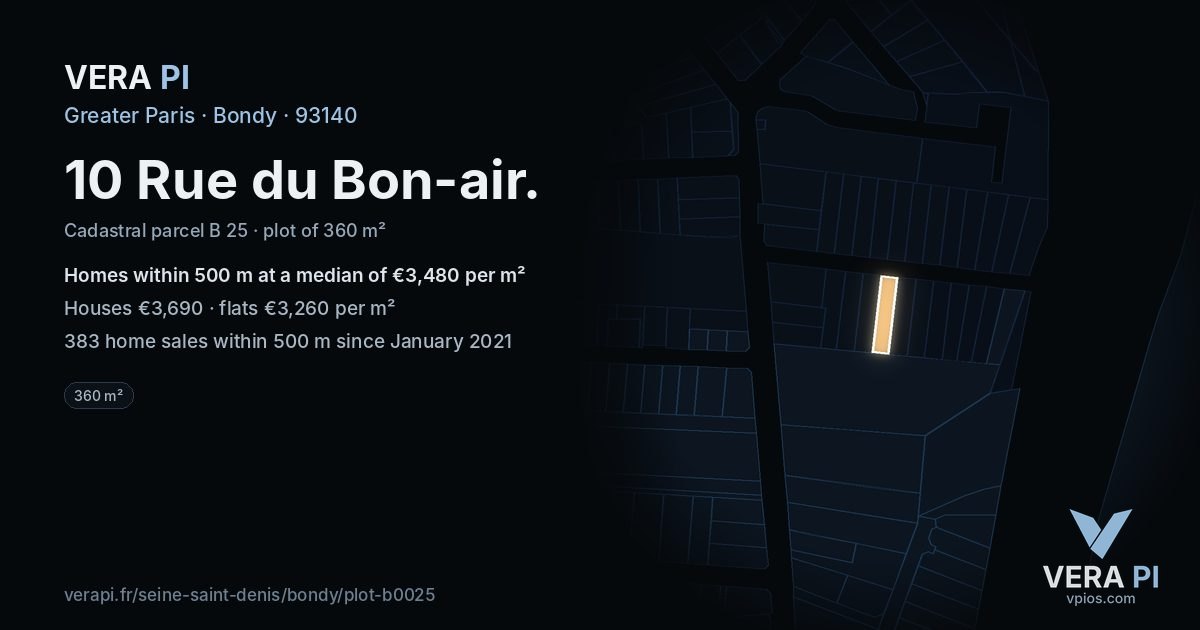 10 Rue du Bon-air, Bondy at night – the plot lit, the parcels around coloured by the prices near them