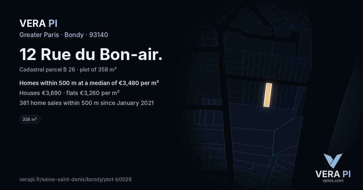 12 Rue du Bon-air, Bondy at night – the plot lit, the parcels around coloured by the prices near them