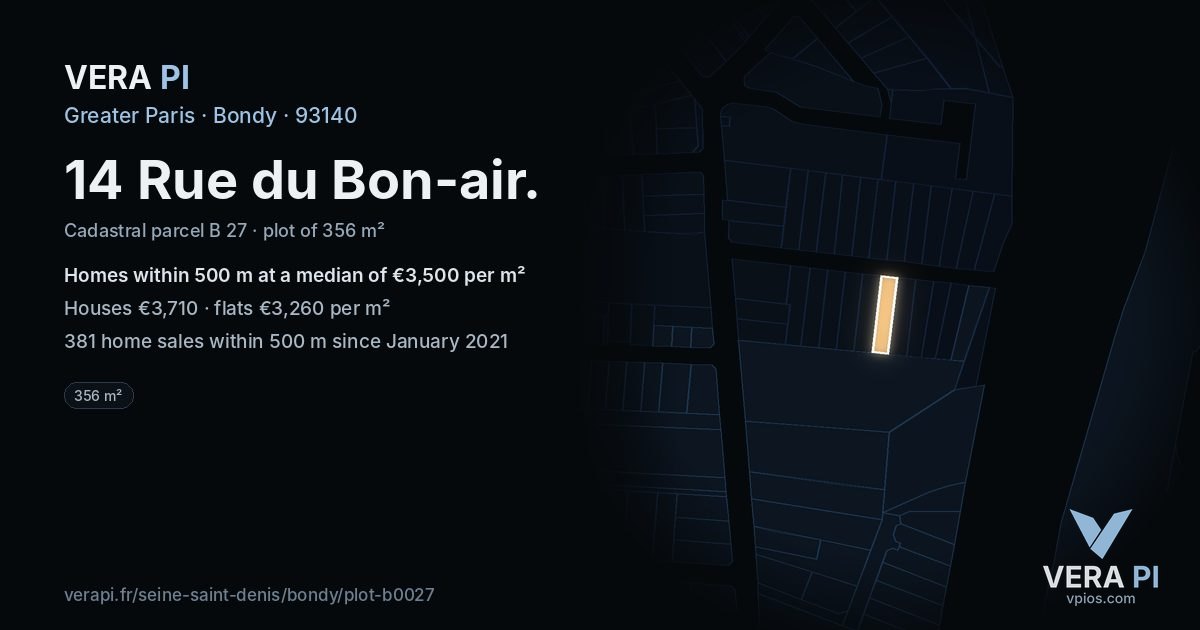 14 Rue du Bon-air, Bondy at night – the plot lit, the parcels around coloured by the prices near them