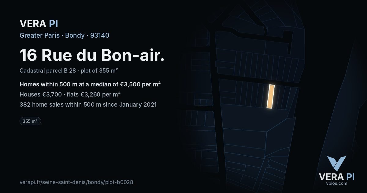16 Rue du Bon-air, Bondy at night – the plot lit, the parcels around coloured by the prices near them