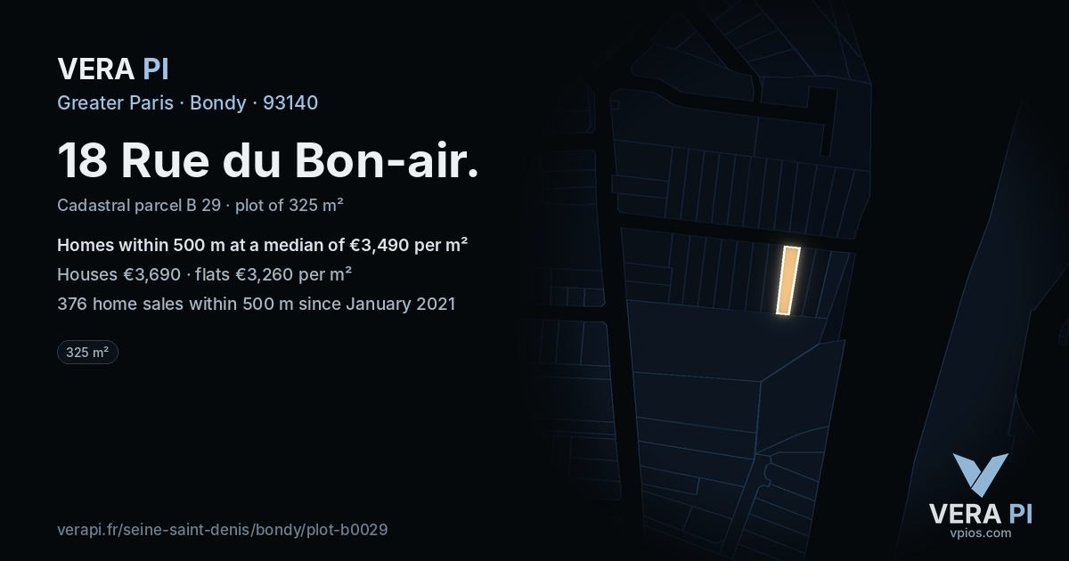18 Rue du Bon-air, Bondy at night – the plot lit, the parcels around coloured by the prices near them