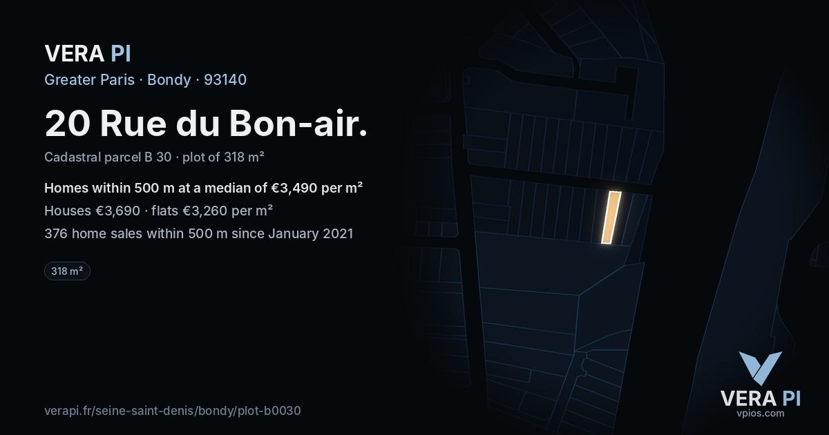 20 Rue du Bon-air, Bondy at night – the plot lit, the parcels around coloured by the prices near them
