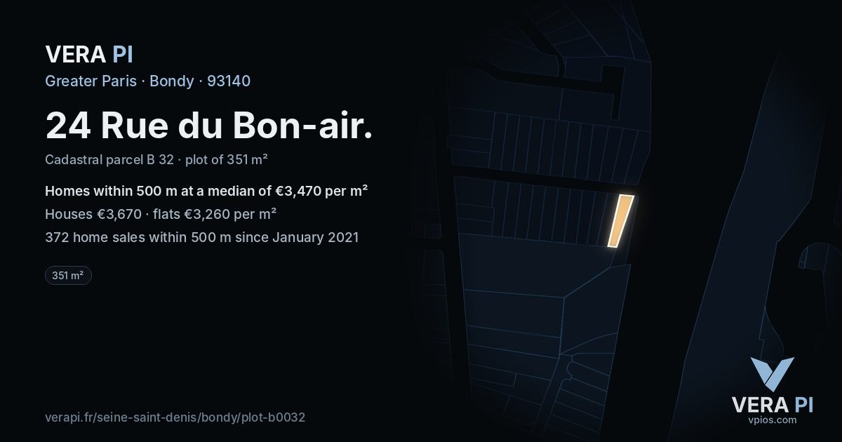 24 Rue du Bon-air, Bondy at night – the plot lit, the parcels around coloured by the prices near them