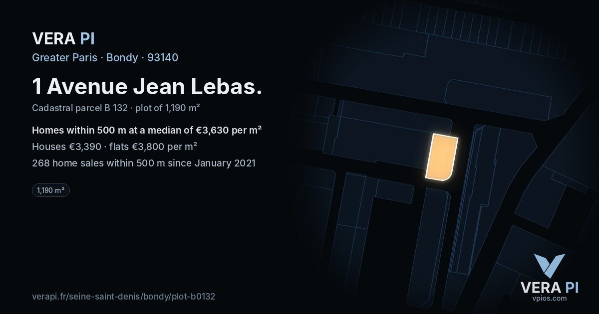 1 Avenue Jean Lebas, Bondy at night – the plot lit, the parcels around coloured by the prices near them