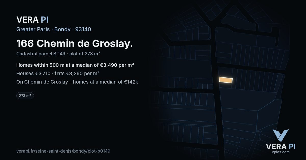 166 Chemin de Groslay, Bondy at night – the plot lit, the parcels around coloured by the prices near them