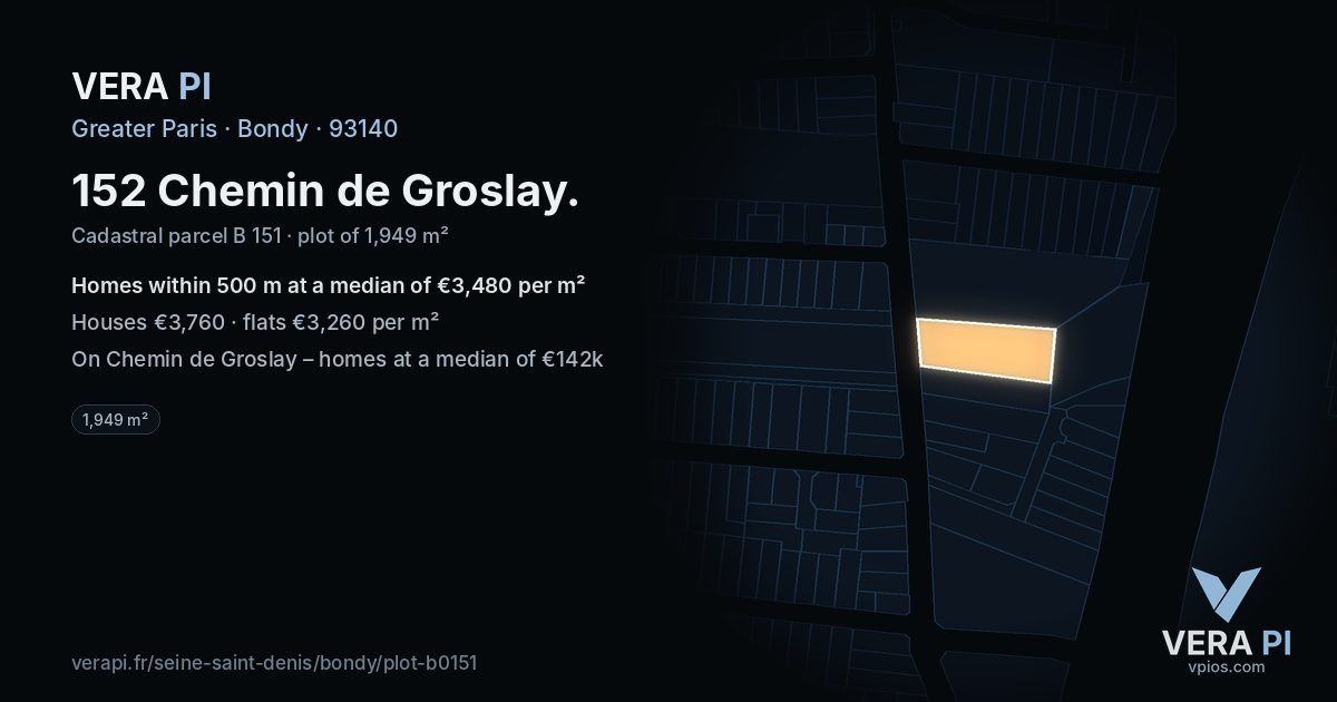 152 Chemin de Groslay, Bondy at night – the plot lit, the parcels around coloured by the prices near them