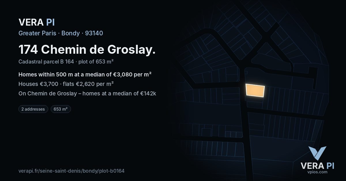 174 Chemin de Groslay, Bondy at night – the plot lit, the parcels around coloured by the prices near them