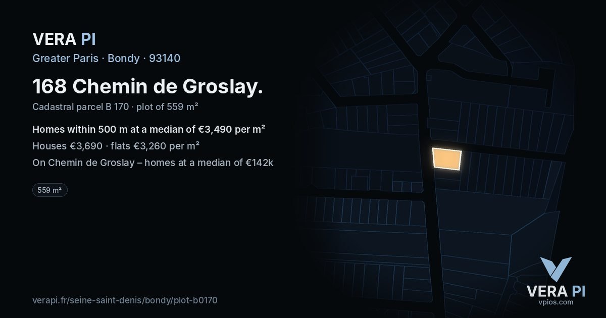 168 Chemin de Groslay, Bondy at night – the plot lit, the parcels around coloured by the prices near them