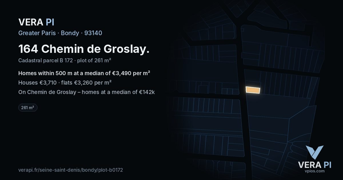 164 Chemin de Groslay, Bondy at night – the plot lit, the parcels around coloured by the prices near them