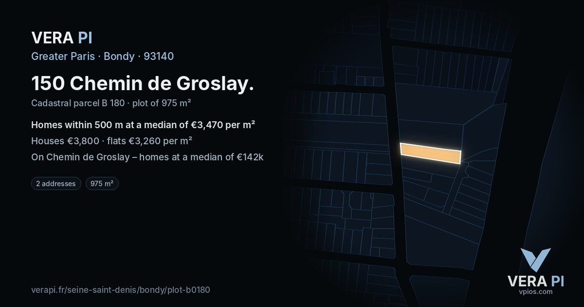 150 Chemin de Groslay, Bondy at night – the plot lit, the parcels around coloured by the prices near them