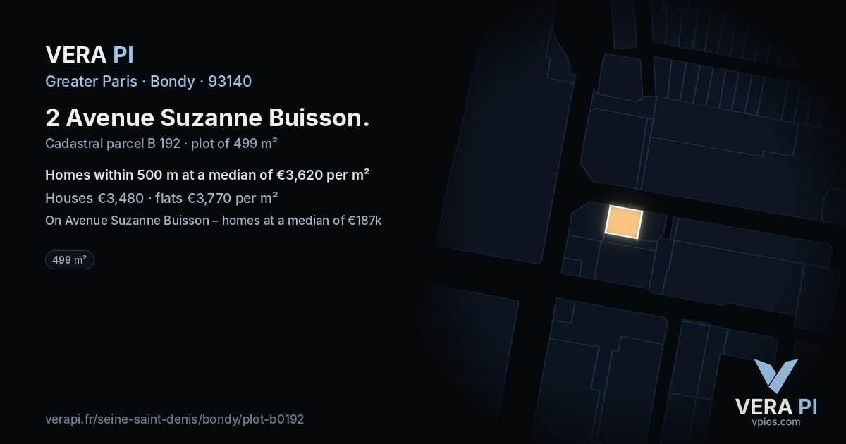2 Avenue Suzanne Buisson, Bondy at night – the plot lit, the parcels around coloured by the prices near them