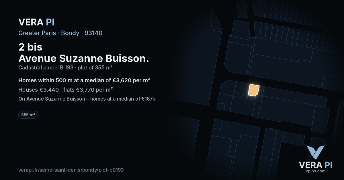 2 bis Avenue Suzanne Buisson, Bondy at night – the plot lit, the parcels around coloured by the prices near them