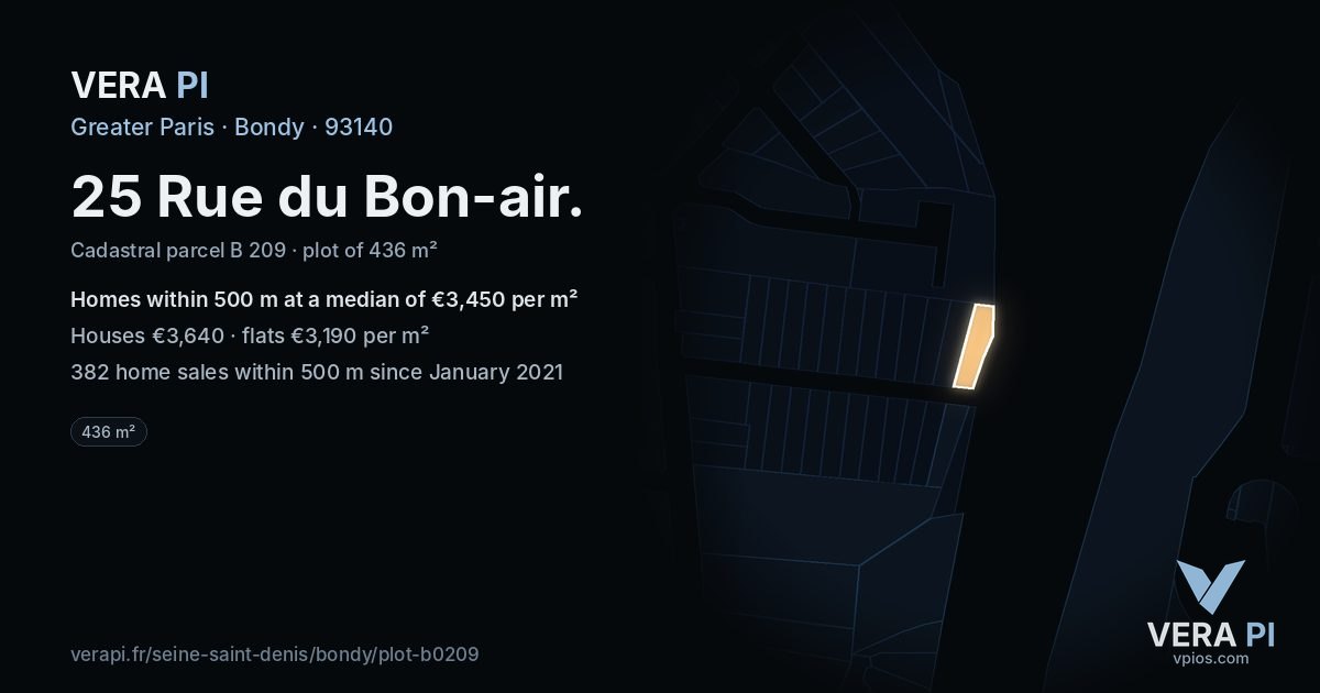 25 Rue du Bon-air, Bondy at night – the plot lit, the parcels around coloured by the prices near them