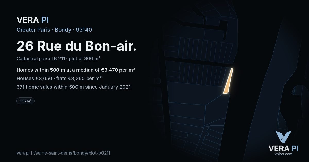 26 Rue du Bon-air, Bondy at night – the plot lit, the parcels around coloured by the prices near them