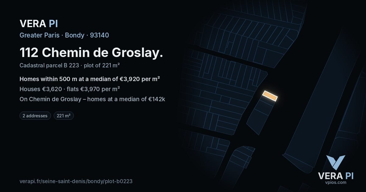 112 Chemin de Groslay, Bondy at night – the plot lit, the parcels around coloured by the prices near them