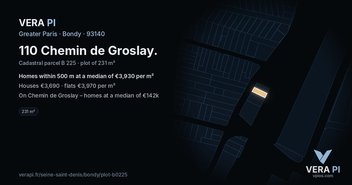 110 Chemin de Groslay, Bondy at night – the plot lit, the parcels around coloured by the prices near them