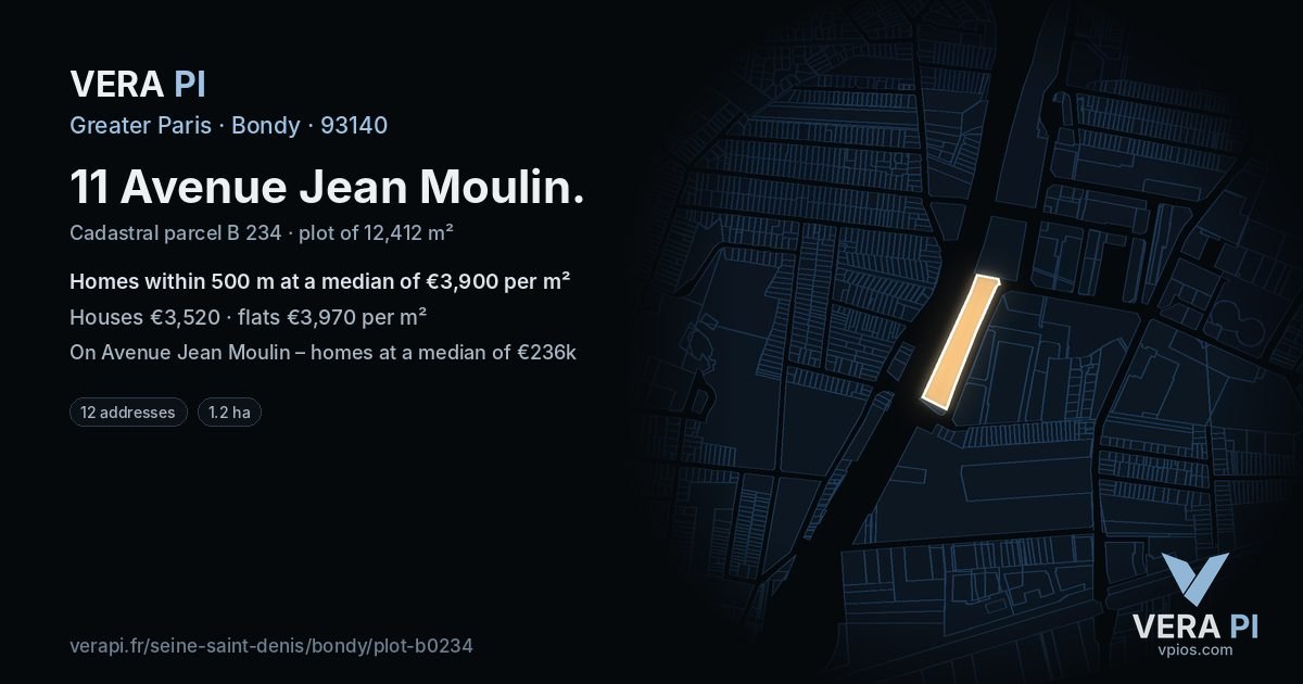 11 Avenue Jean Moulin, Bondy at night – the plot lit, the parcels around coloured by the prices near them