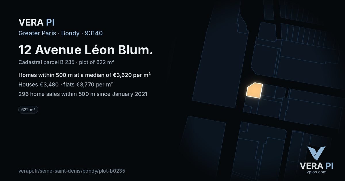 12 Avenue Léon Blum, Bondy at night – the plot lit, the parcels around coloured by the prices near them