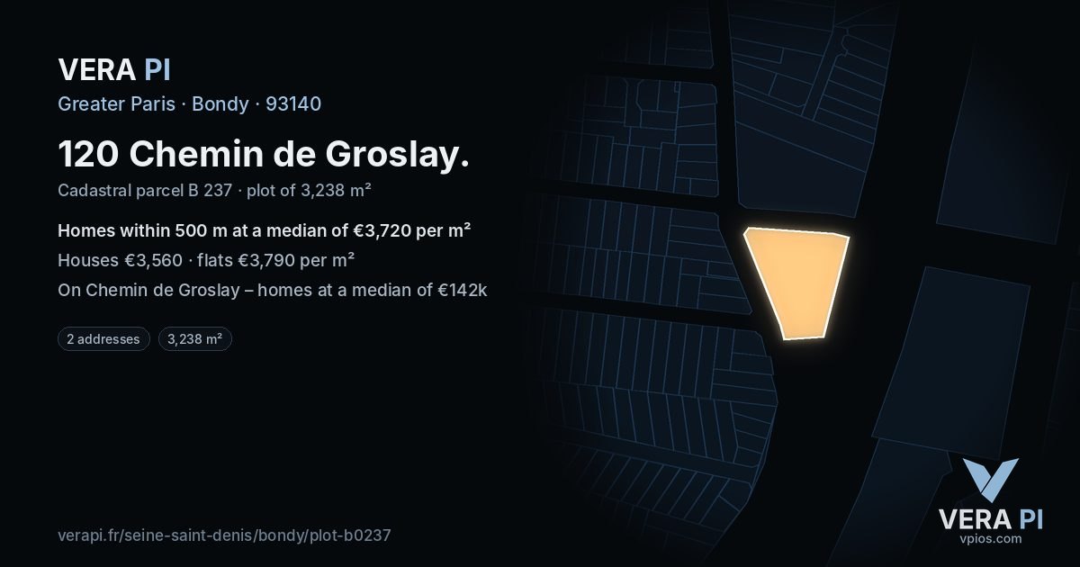 120 Chemin de Groslay, Bondy at night – the plot lit, the parcels around coloured by the prices near them