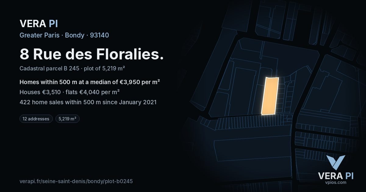 8 Rue des Floralies, Bondy at night – the plot lit, the parcels around coloured by the prices near them