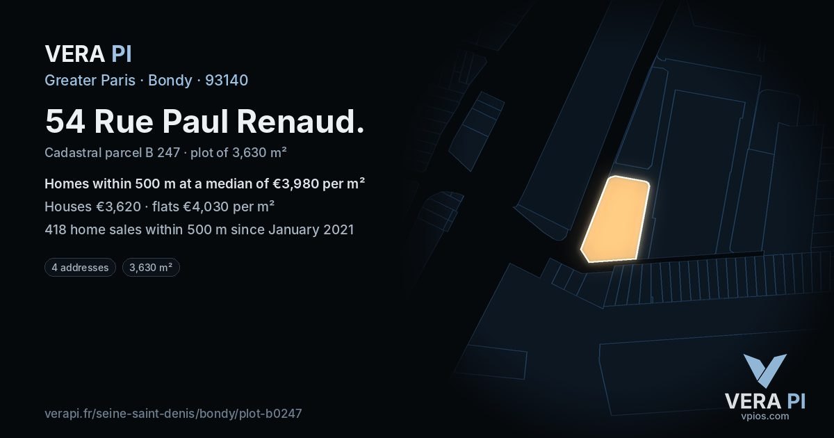54 Rue Paul Renaud, Bondy at night – the plot lit, the parcels around coloured by the prices near them