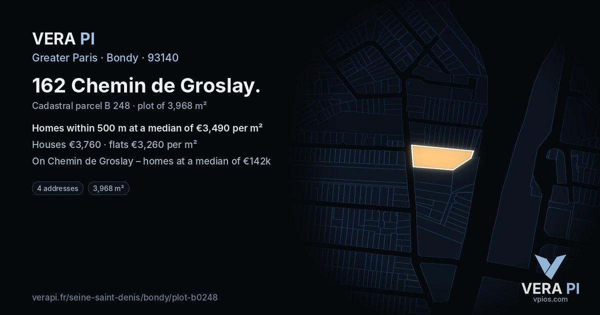 162 Chemin de Groslay, Bondy at night – the plot lit, the parcels around coloured by the prices near them