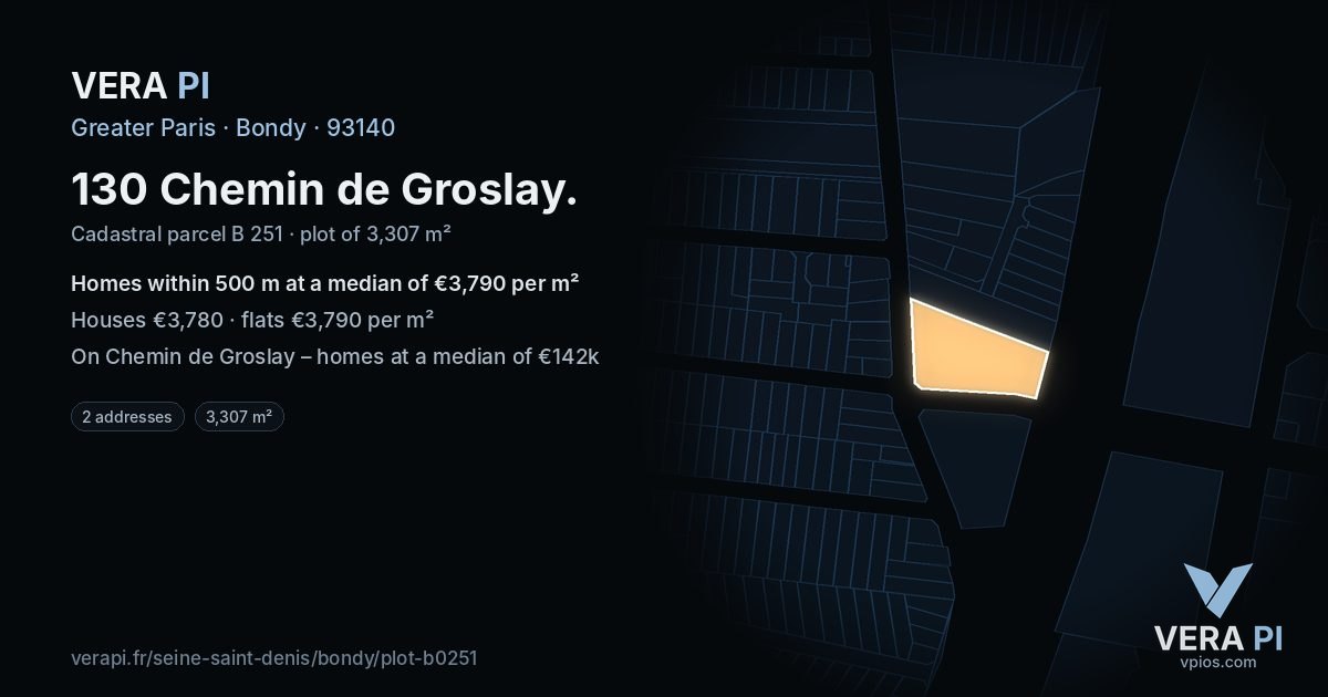 130 Chemin de Groslay, Bondy at night – the plot lit, the parcels around coloured by the prices near them