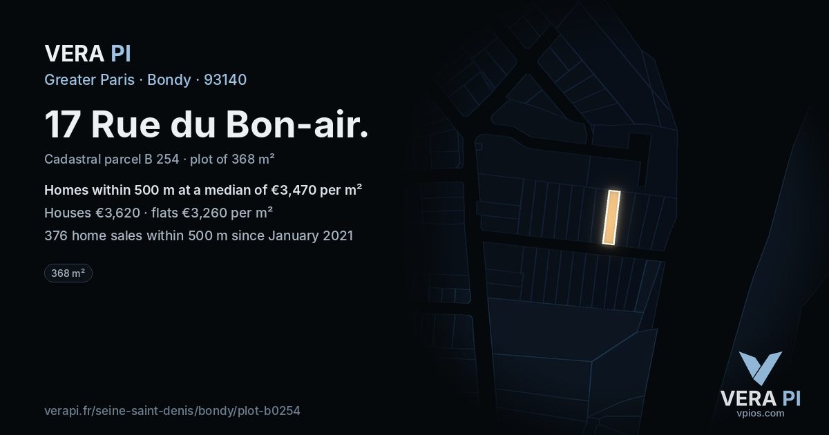 17 Rue du Bon-air, Bondy at night – the plot lit, the parcels around coloured by the prices near them