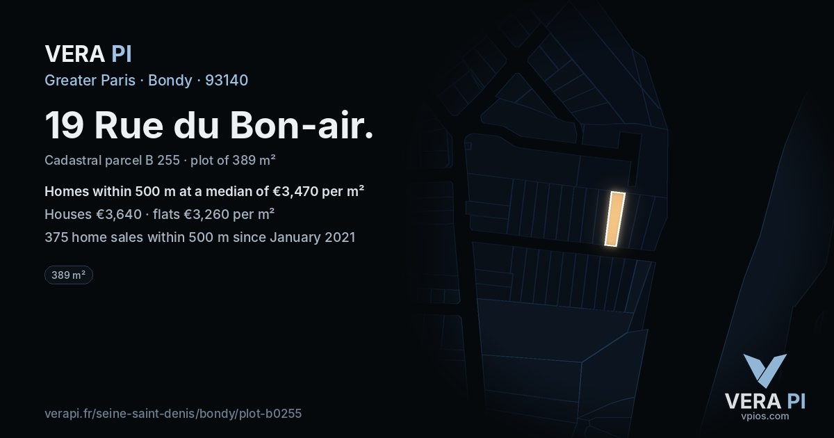 19 Rue du Bon-air, Bondy at night – the plot lit, the parcels around coloured by the prices near them