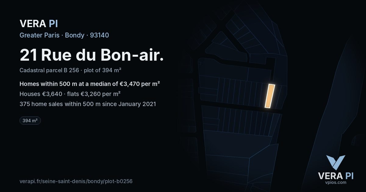 21 Rue du Bon-air, Bondy at night – the plot lit, the parcels around coloured by the prices near them