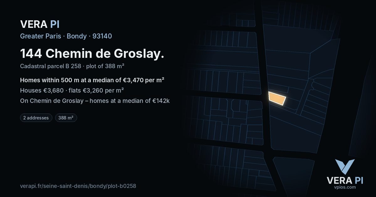 144 Chemin de Groslay, Bondy at night – the plot lit, the parcels around coloured by the prices near them