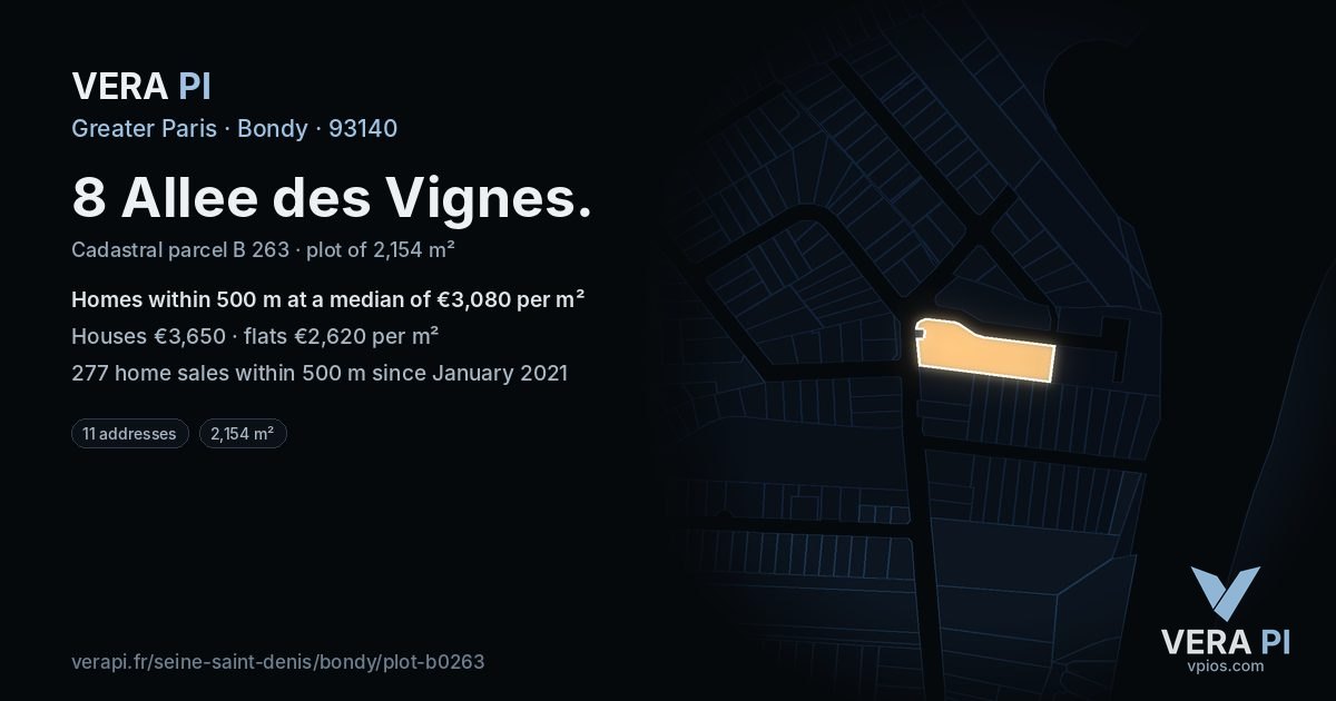 8 Allee des Vignes, Bondy at night – the plot lit, the parcels around coloured by the prices near them