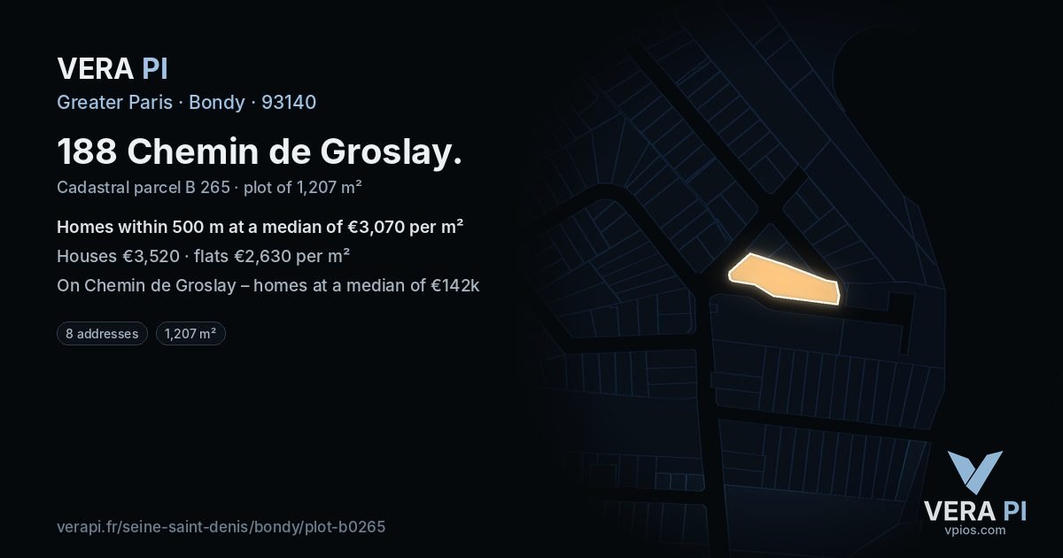 188 Chemin de Groslay, Bondy at night – the plot lit, the parcels around coloured by the prices near them