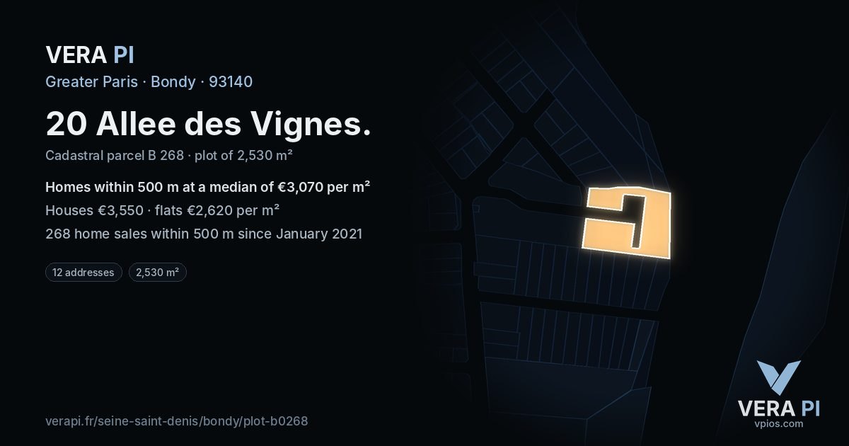 20 Allee des Vignes, Bondy at night – the plot lit, the parcels around coloured by the prices near them